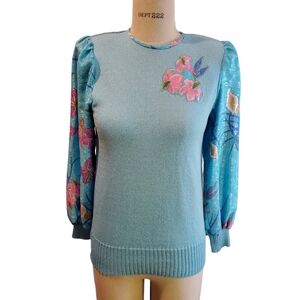 Vintage Anthony Sicari Blue Sweater With Shoulder Pads & Floral Applique Size 4P